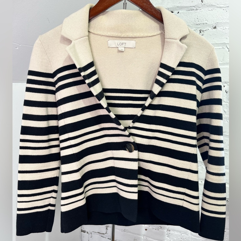 LOFT Striped Knit Sweater Blazer Cardigan Size Small Nautical Black Cream